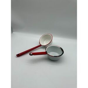 vintage enamelware ladles, red and white smaller white with black trim.